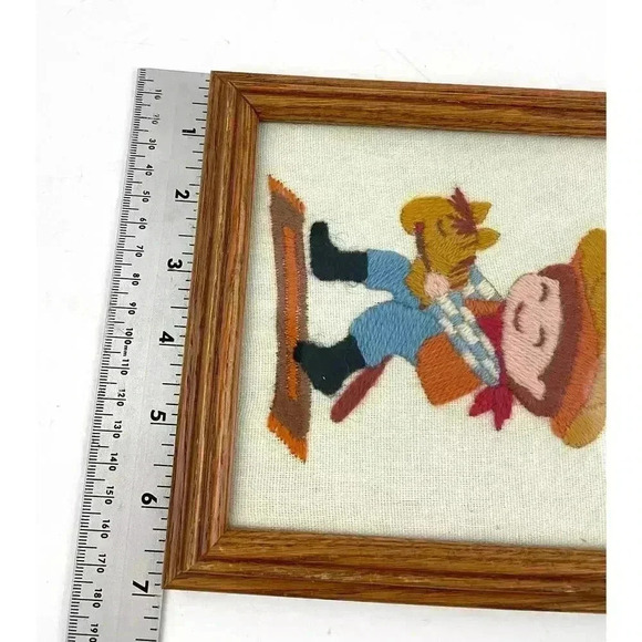 VTG 70's Little Boy Playing Crewel Embroidered Framed Wall Art 7"x 8" Western - Picture 8 of 8